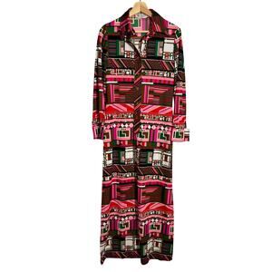 Vintage 70s Fiorenza Geometric Print Shirt Dress Maxi Psychedelic Mod